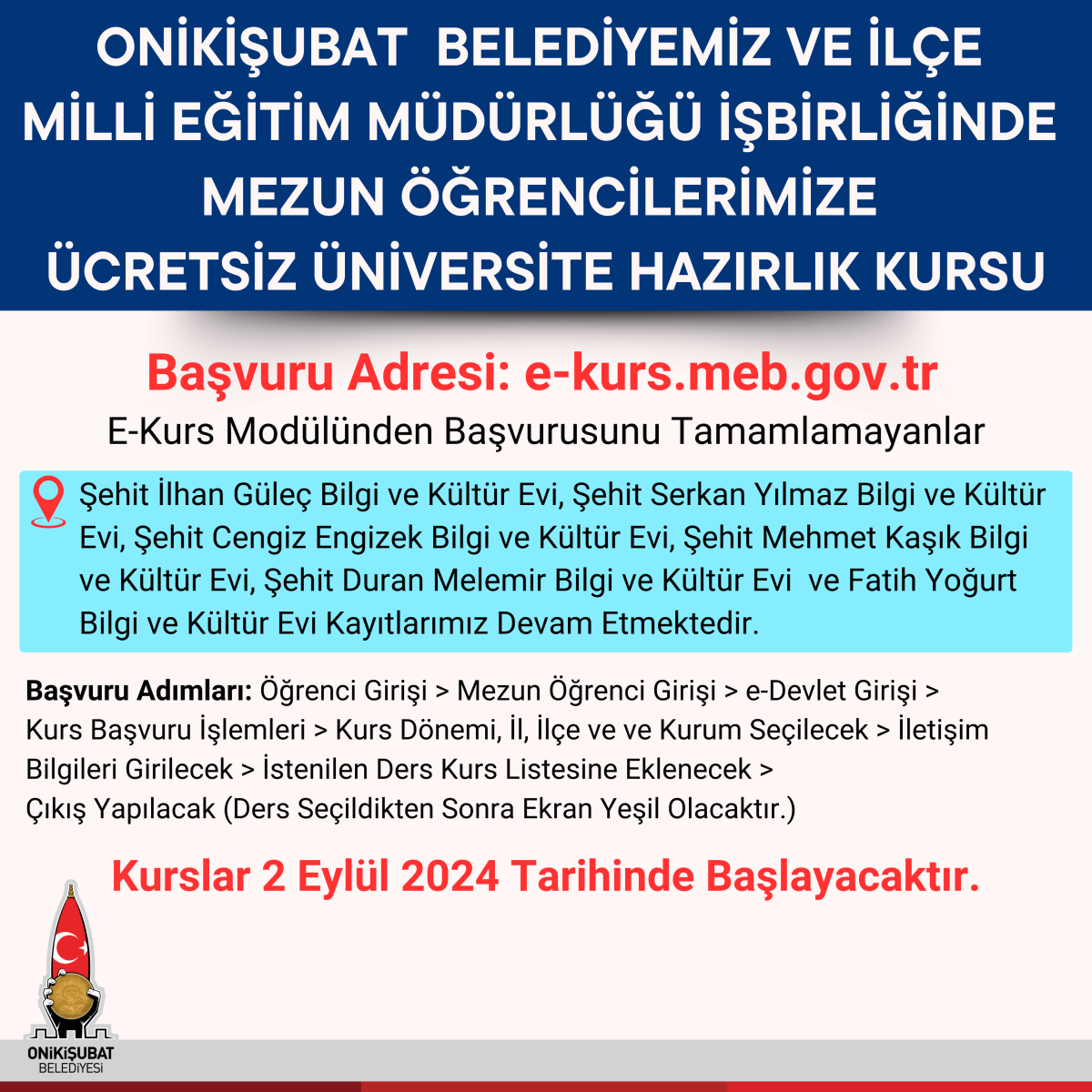 Onikişubat Belediyesi’nin ücretsiz Üniversite Hazırlık Kursu’na kayıtlar başladı